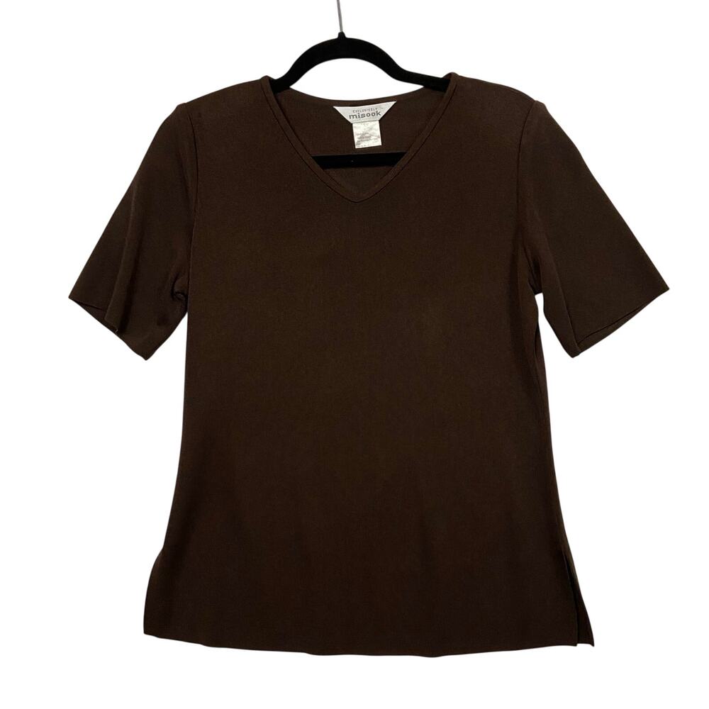 Exclusively Misook Short Sleeve Knit Top XS Brown V-neck Minimalist Capsule
